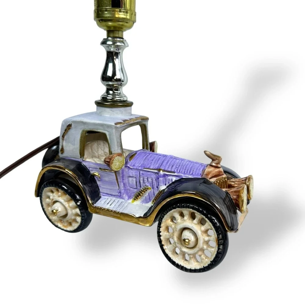 Vintage Ceramic Hand Painted Purple Antique Car Buggy Lamp 